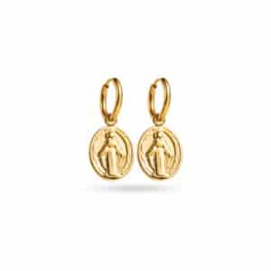 Boucles d’oreilles Mini créoles MADONE – Bijou de type mini hoop en acier inoxydable de couleur dorée Baby Hoops en acier inoxydable, créoles et pendentif breloque représentant une madone