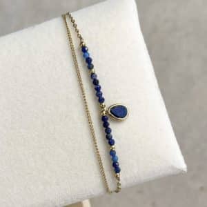 Bracelet double rang acier inoxydable et pierres naturelle lapi lazuli