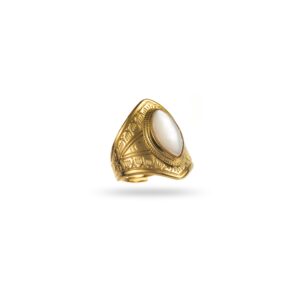 Bague ASTEQUE – Bague large type chevalière avec GOUTTE en pierre naturelle – Bijou doré en acier inoxydable