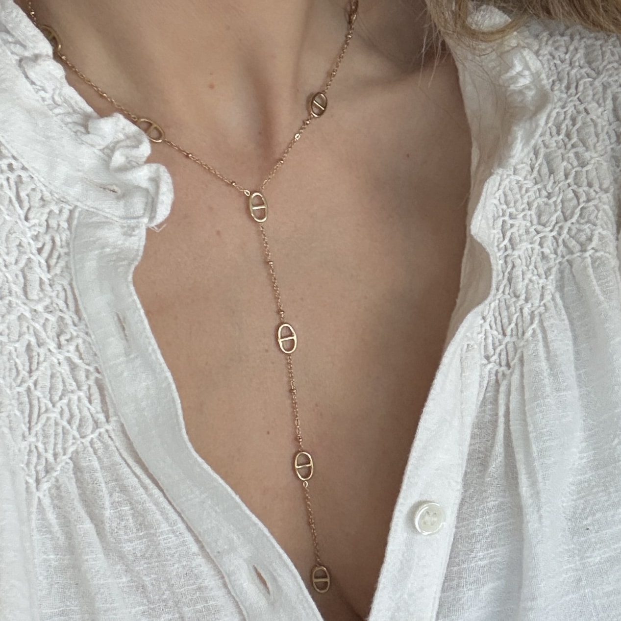 Collier Long Sautoir En Chaîne Plaqué Or | Pendentif Double Ovale élégant | Bijou Tendance Pour Femme