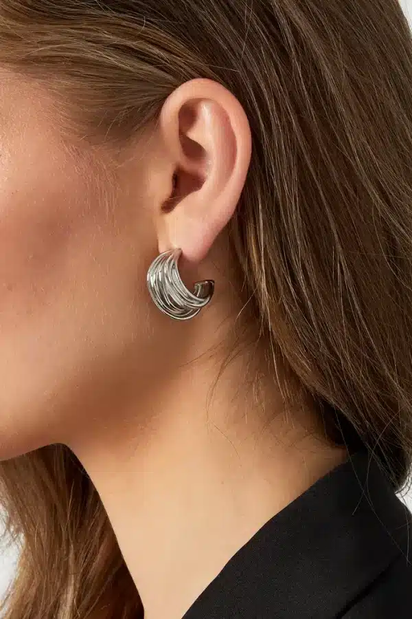 Boucles d’oreilles en acier inoxydable de couleur argentée, composées de deux créoles travaillées, à la fois chic et vintage bijou