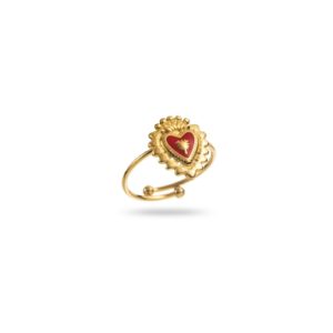 Bague composée d'un très fin anneau sur lequel est soudé un délicat coeur sacré ex voto émaillé de rouge  , très fine sur le doigt