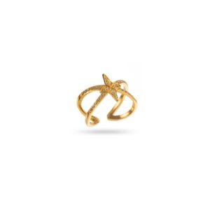 Bague large CROISÉE ajustable sertie de strass blancs avec petite étoile sur le dessus
