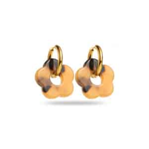 Boucles d’oreilles avec créoles en acier inoxydable doré et petites fleurs en acétate tortoise beige