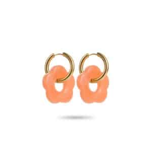 Boucles d’oreilles avec créoles en acier inoxydable doré et petites fleurs en acétate de couleur pêche