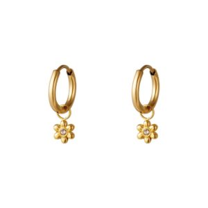 Boucles d’oreilles mini créoles en acier inoxydable et pendentifs margeurites STRASS Baby Hoops en acier inoxydable, créoles et petit pendentif breloque représentant des fleurs marguerites avec strass en leur centre