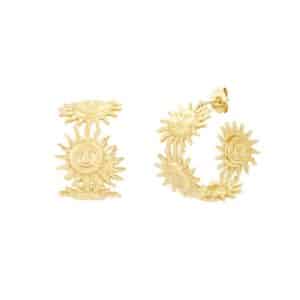 Boucles d’oreilles en acier inoxydable de couleur or, composées de deux créoles larges avec soleils souriants en ribambelle