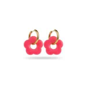 Boucles d’oreilles avec créoles en acier inoxydable doré et petites fleurs en acétate de couleur rose fushia