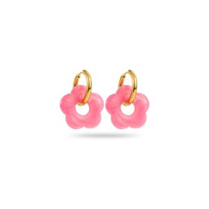Boucles d’oreilles avec créoles en acier inoxydable doré et petites fleurs en acétate de couleur rose bonbon