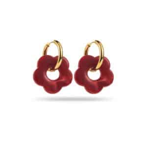 Boucles d'oreilles avec créoles en acier inoxydable doré et petite fleurs en acétate de couleur rouge