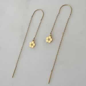 Boucles d'oreilles chaines pendantes avec pendentif fleur - Bijou en acier inoxydable doré