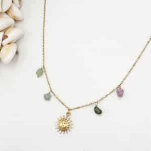Collier en acier inoxydable et pierres naturelles de tourmaline de couleur multicolore - Pendentif soleil souriant