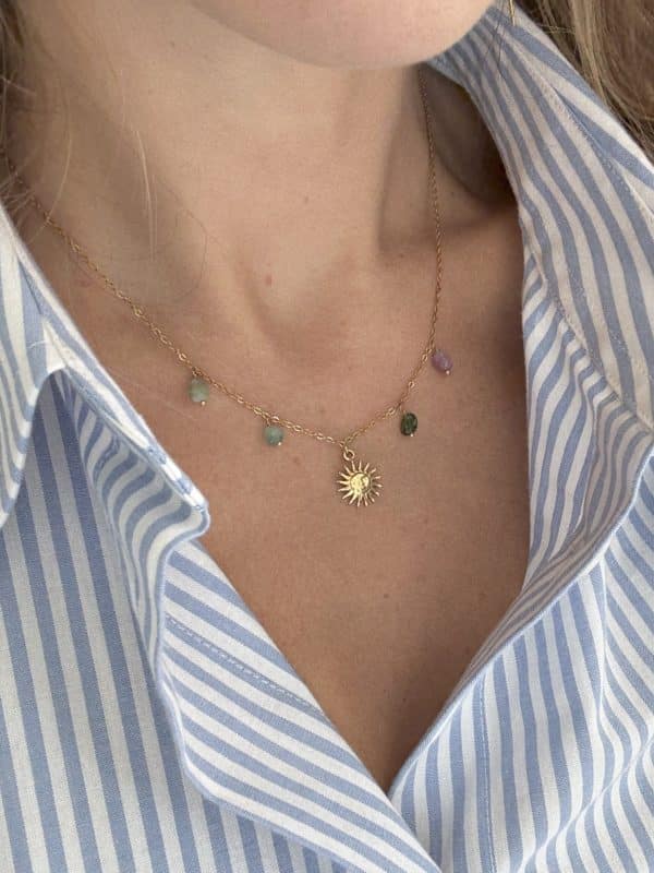 Collier en acier inoxydable et pierres naturelles de tourmaline de couleur multicolore - Pendentif soleil souriant