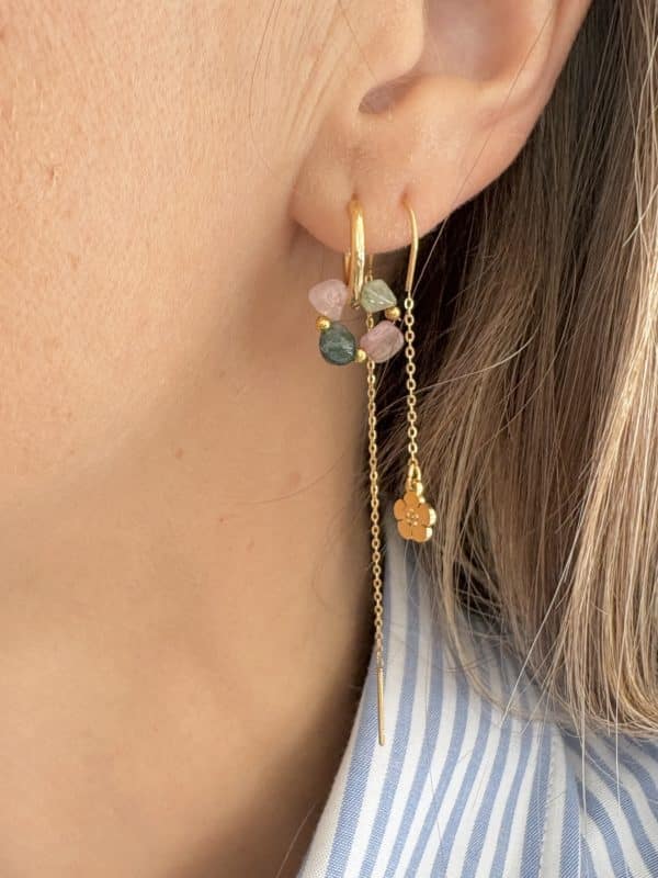 Boucles d'oreilles mini créoles en acier inoxydable et pierres naturelles de tourmaline de couleur vert émeraude