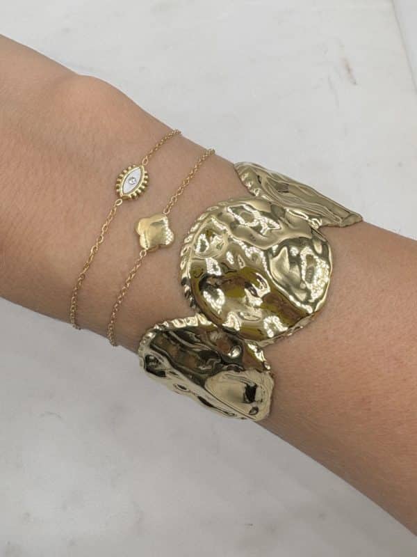 Bracelet jonc large et martelé en acier inoxydable or – Bijou en acier inoxydable Jolie manchette de qualité fabriquée en acier inoxydable: ce bijou ne rouille pas au contact de l’eau, ne noircit pas