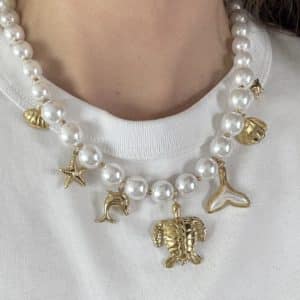 Collier imitation perles d'eau douce avec breloques pendentifs en acier inoxydable de couleur dorée