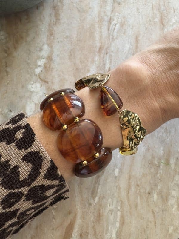 Bracelet manchette ultra tendance en perles couleur ambre et perles d'acier inoxydable