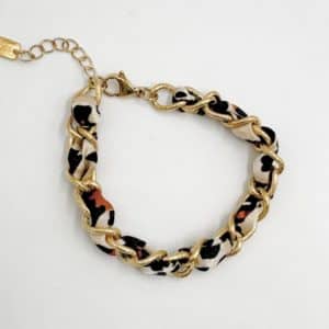 Bracelet rétro à gros maillons travaillés et ciselés en acier inoxydable et ruban de tissus à imprimé léopard