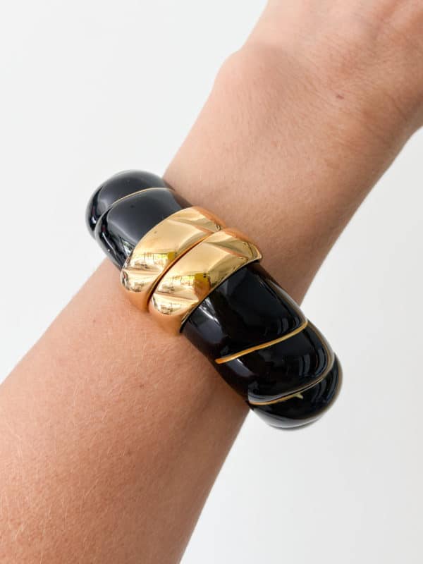 Bracelet torsadé de type jonc, manchette, en acier inoxydable et acétate de couleur Noire
