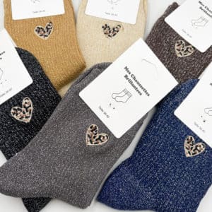 Chaussettes à paillettes avec écussons coeur brodé de léopard chaussette brillantes