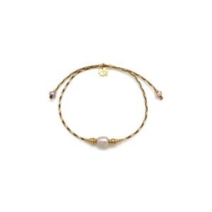 Bracelet monté sur cordon multicolore  à noeuds coulants, perle d'eau douce rosée et petites perles en acier inoxydable doré
