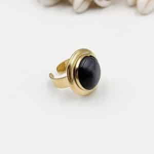 Bague large avec pierre naturelle DE NACRE GRIS TRÈS FONCÉ, NOIRE – Bijou doré en acier inoxydable