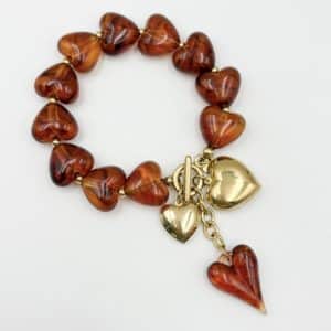Bracelet coeurs bleus et pampilles coeurs ambre