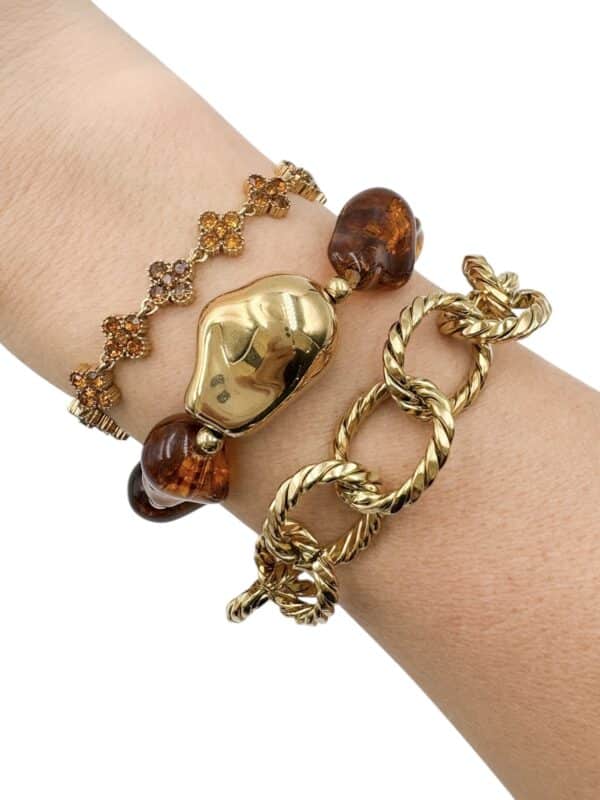 Bracelet en acier inoxydable et perles d’acétate couleur ambre