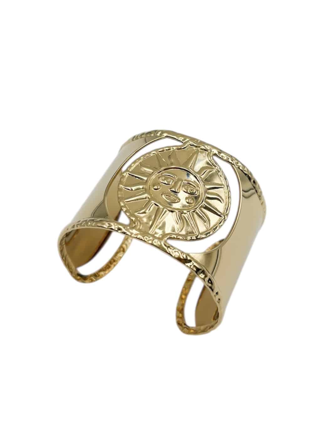 Bracelet manchette en acier inoxydable doré avec soleil ajouré