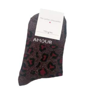 Chaussettes en coton à paillettes et message AMOUR bordeau