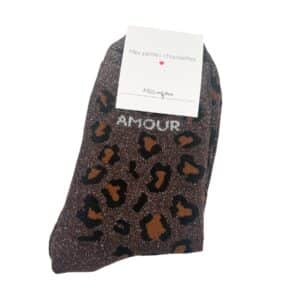 Chaussettes en coton à paillettes et message AMOUR marron