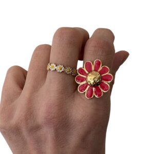 bague fine en acier inoxydable doré avec fleurs émaillées et colorées