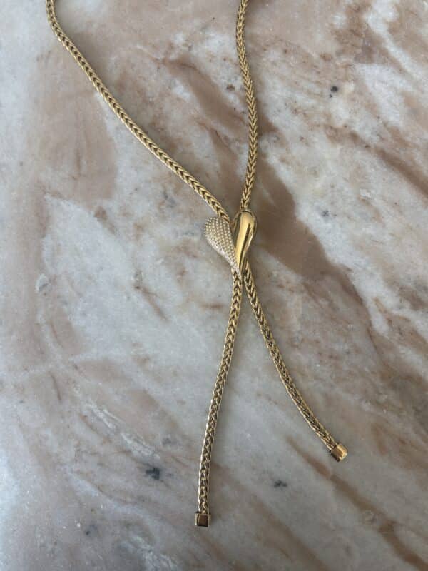Collier cravate doré en acier inoxydable – Chaîne rétro & cœur strass - Bijou en acier inoxydable doré