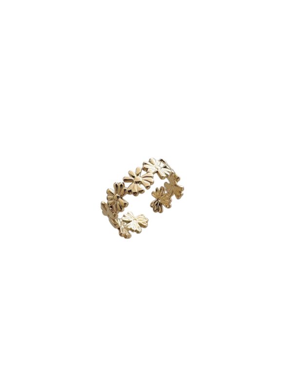 Bague fine ajustable en acier inoxydable de couleur dorée composée d'une ribambelle de petites fleurs- Bijou en acier inoxydable 