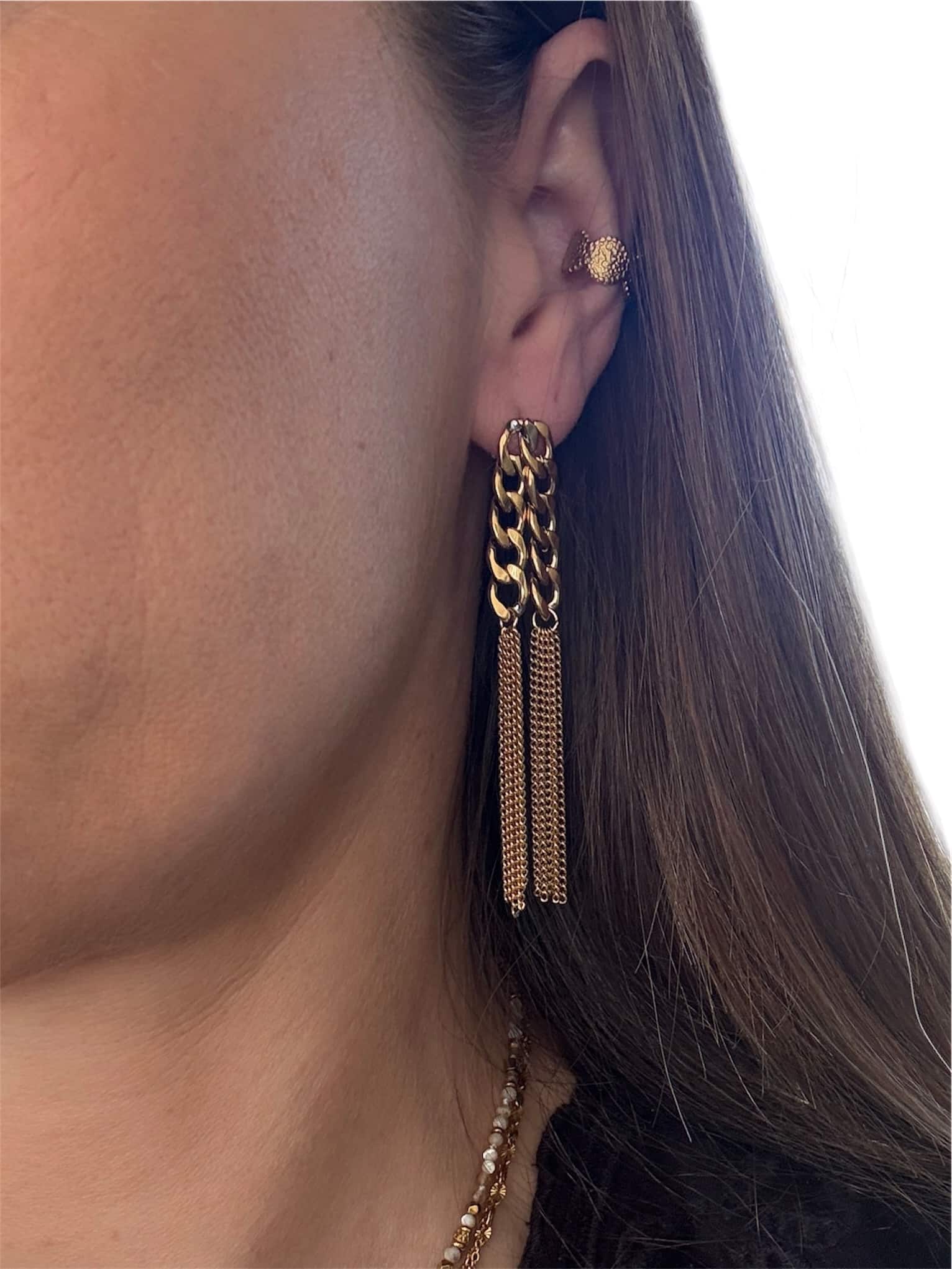 Boucles d'oreilles pendantes en acier inoxydable composées de chaines plus ou moins épaisses - Bijou rétro vintage waterproof en acier inoxydable doré