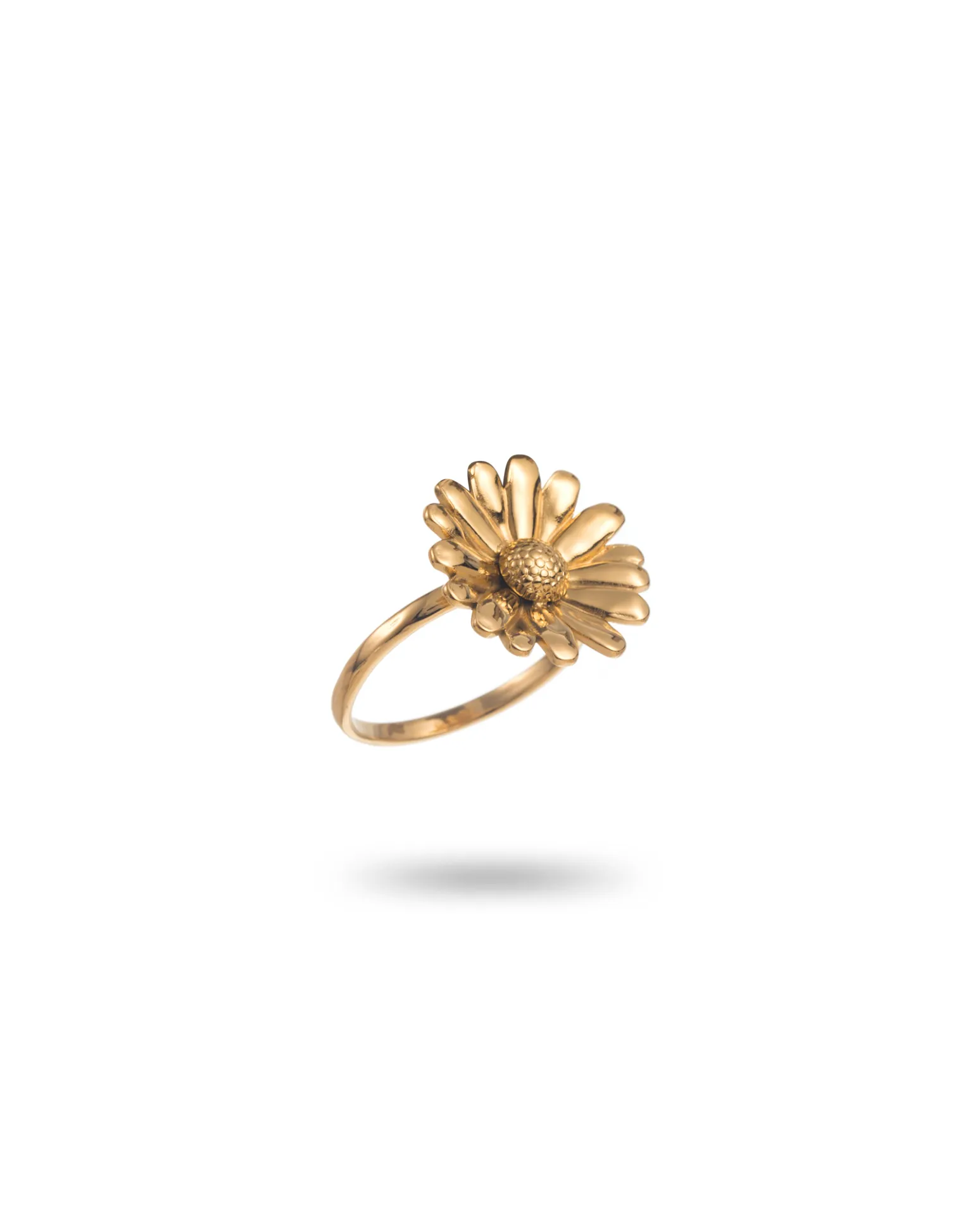 Bague à fin anneau en acier inoxydable de couleur dorée et petite marguerite sur le dessus