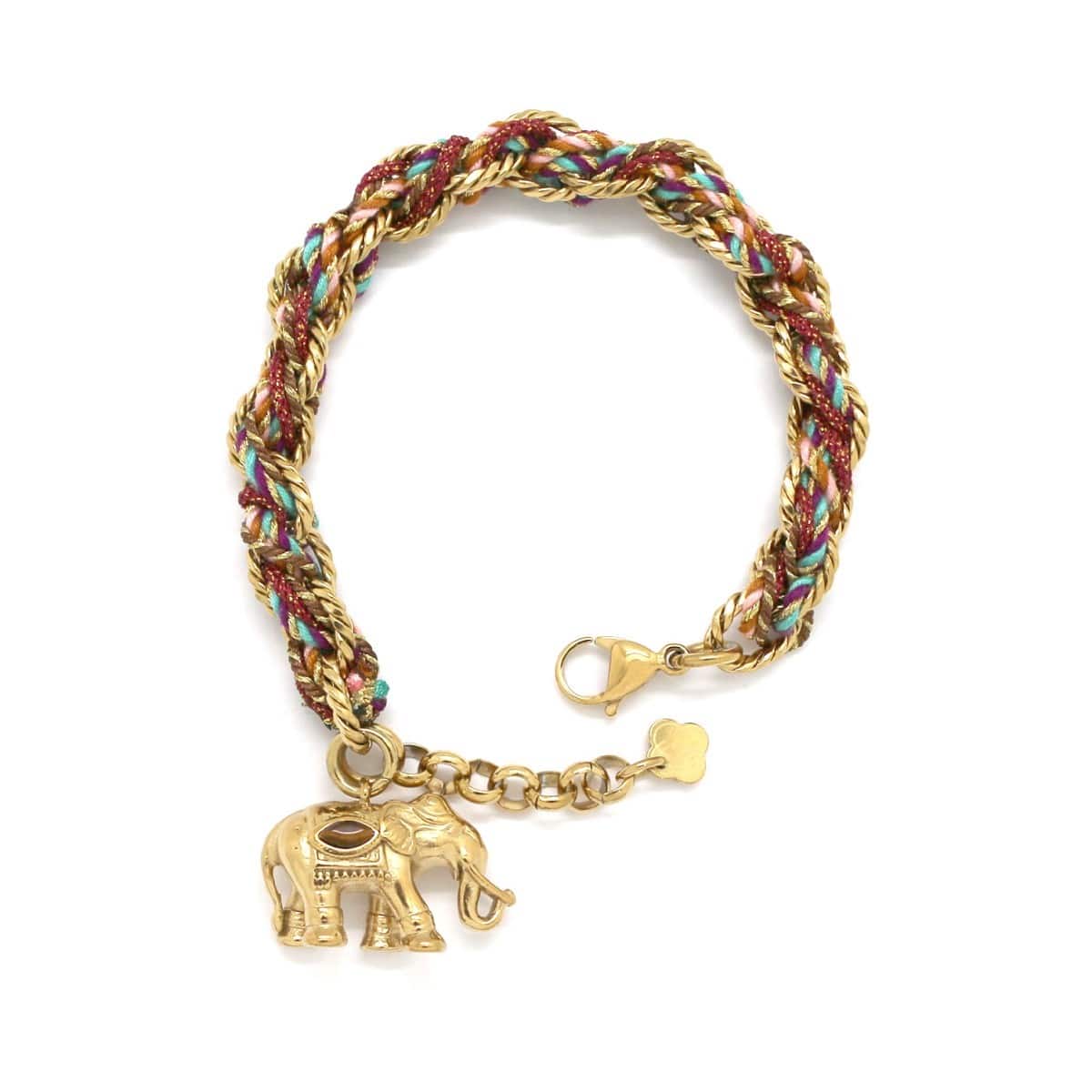 Bracelet avec cordon et chaine en acier inoxydable emmêlés pendentif éléphant - Bijou en acier inoxydable