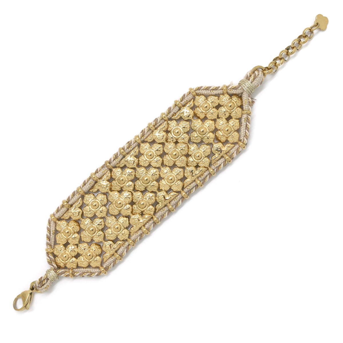Bracelet manchette en acier inoxydable et cordon beige