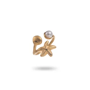 Bague large en acier inoxydable doré avec étoile de mer coquillage et imitation perle d'eau douce