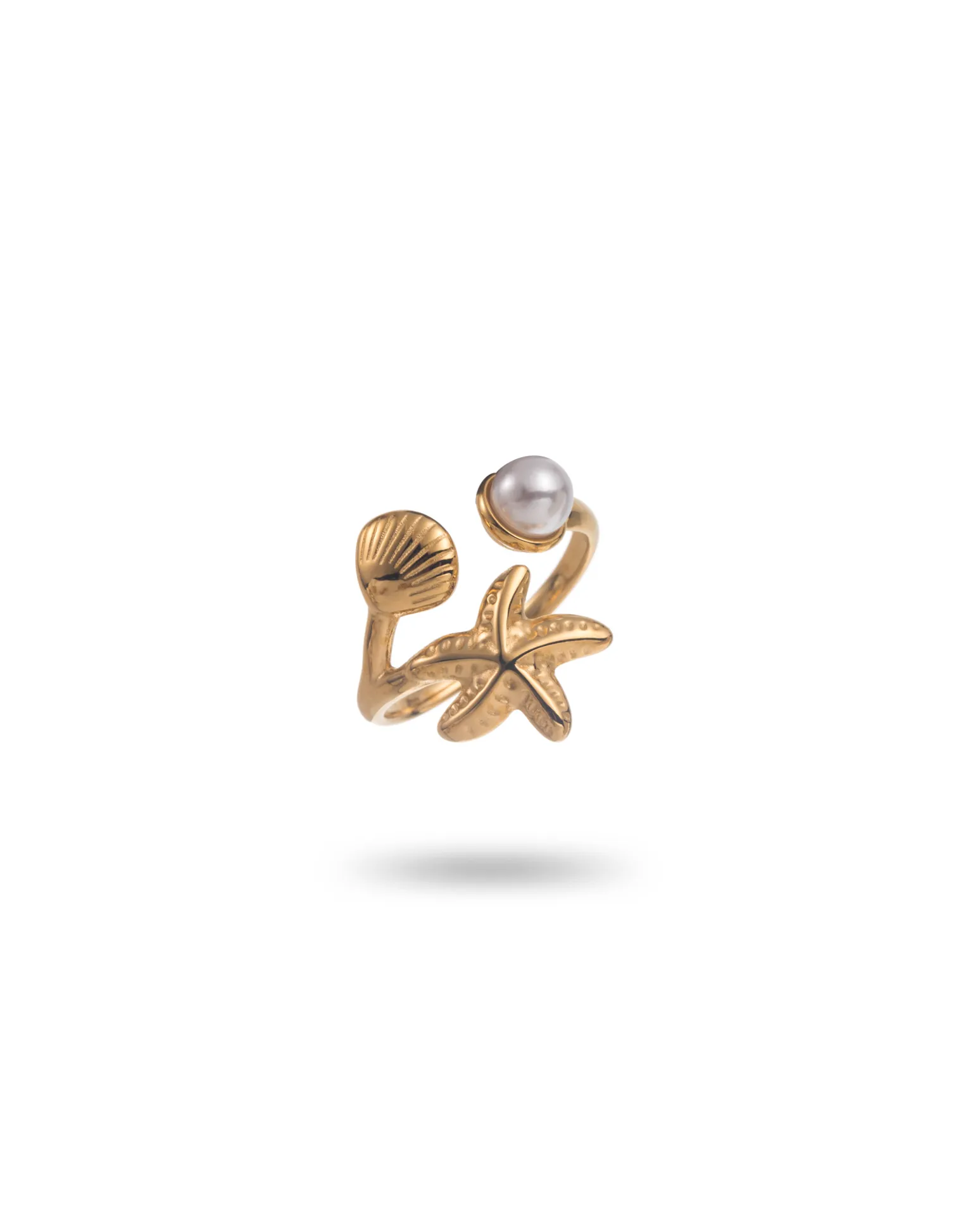 Bague large en acier inoxydable doré avec étoile de mer coquillage et imitation perle d'eau douce