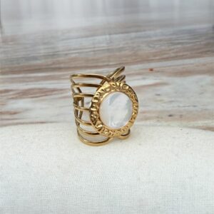Bague large en acier inoxydable et pierre naturelle de nacre - Bijou ajustable en acier inoxydable 