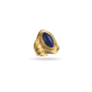 Bague ASTEQUE – Bague large type chevalière avec GOUTTE en pierre naturelle de lapi lazuli – Bijou doré en acier inoxydable