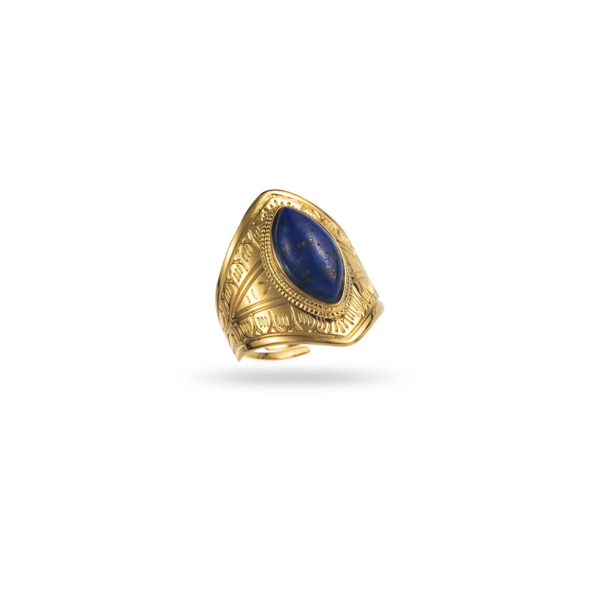 Bague ASTEQUE – Bague large type chevalière avec GOUTTE en pierre naturelle de lapi lazuli – Bijou doré en acier inoxydable
