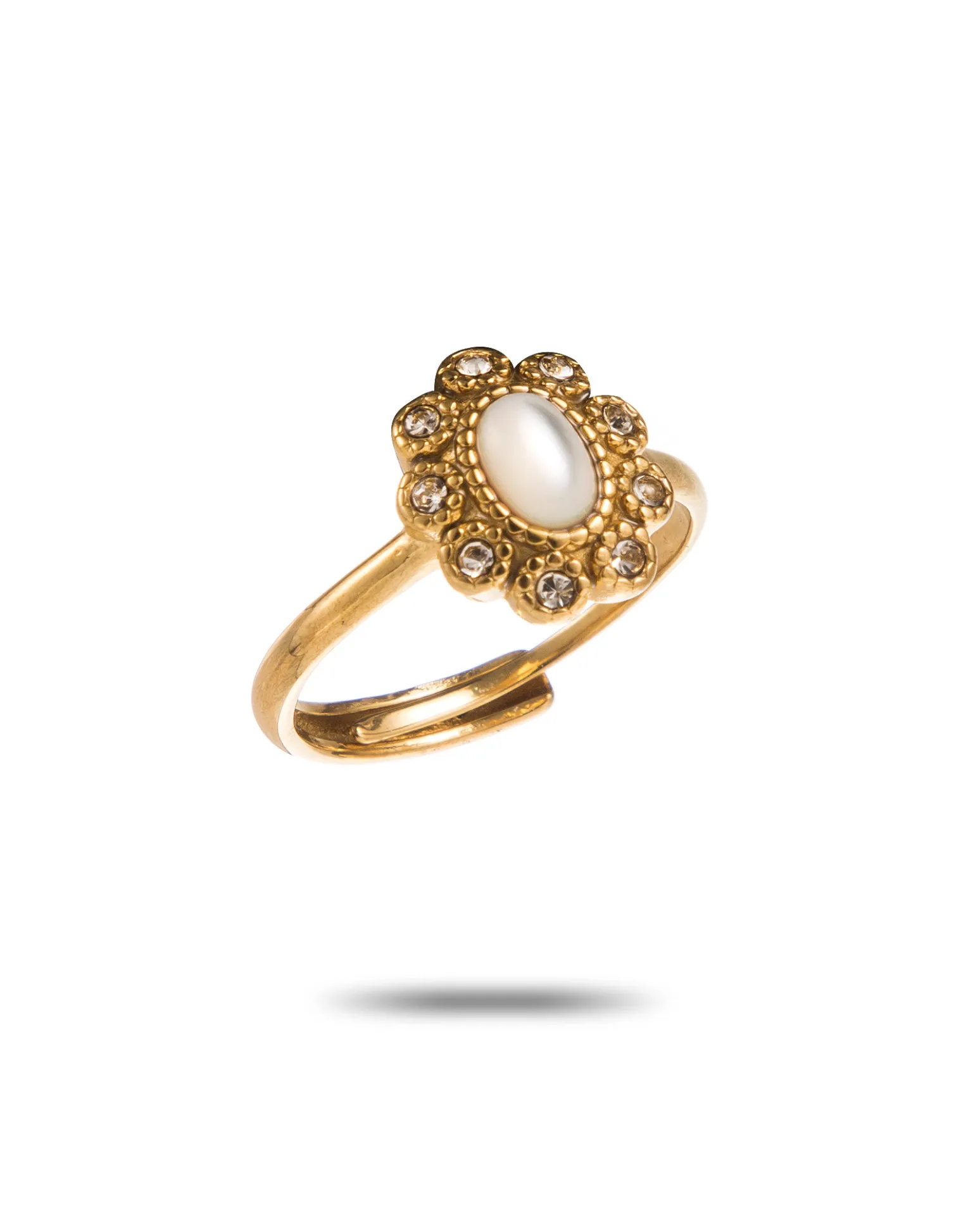 Bague fleur en acier inoxydable, nacre et strass BIjou la boutique de cha