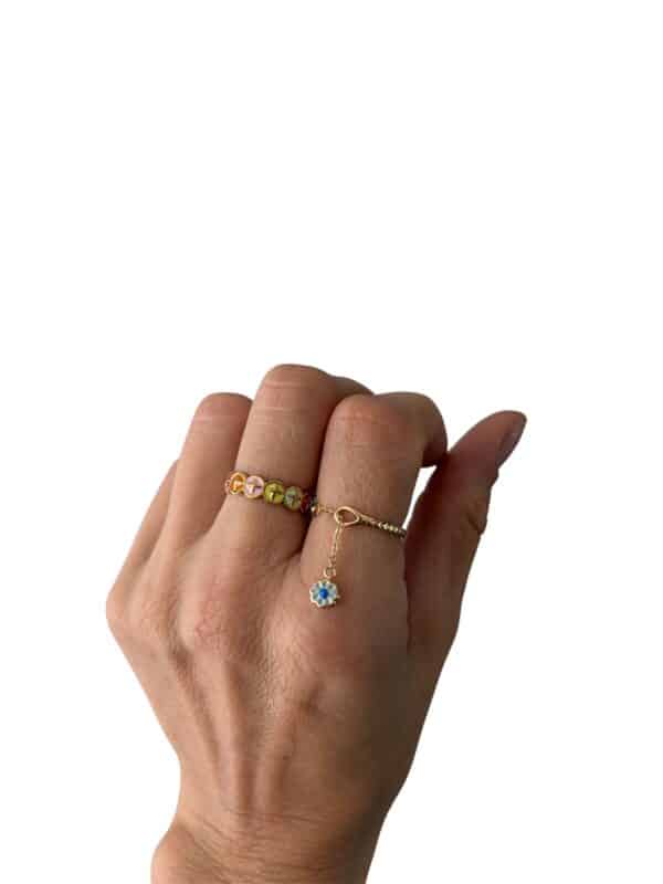 Bague très fine en acier inoxydable avec chaine et fleur émaillée bijou waterproof