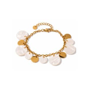 Bracelet à grosse maille waterproof en acier inoxyable doré avec pampilles rondes en pierre de nacre - Bijou La boutique de Cha