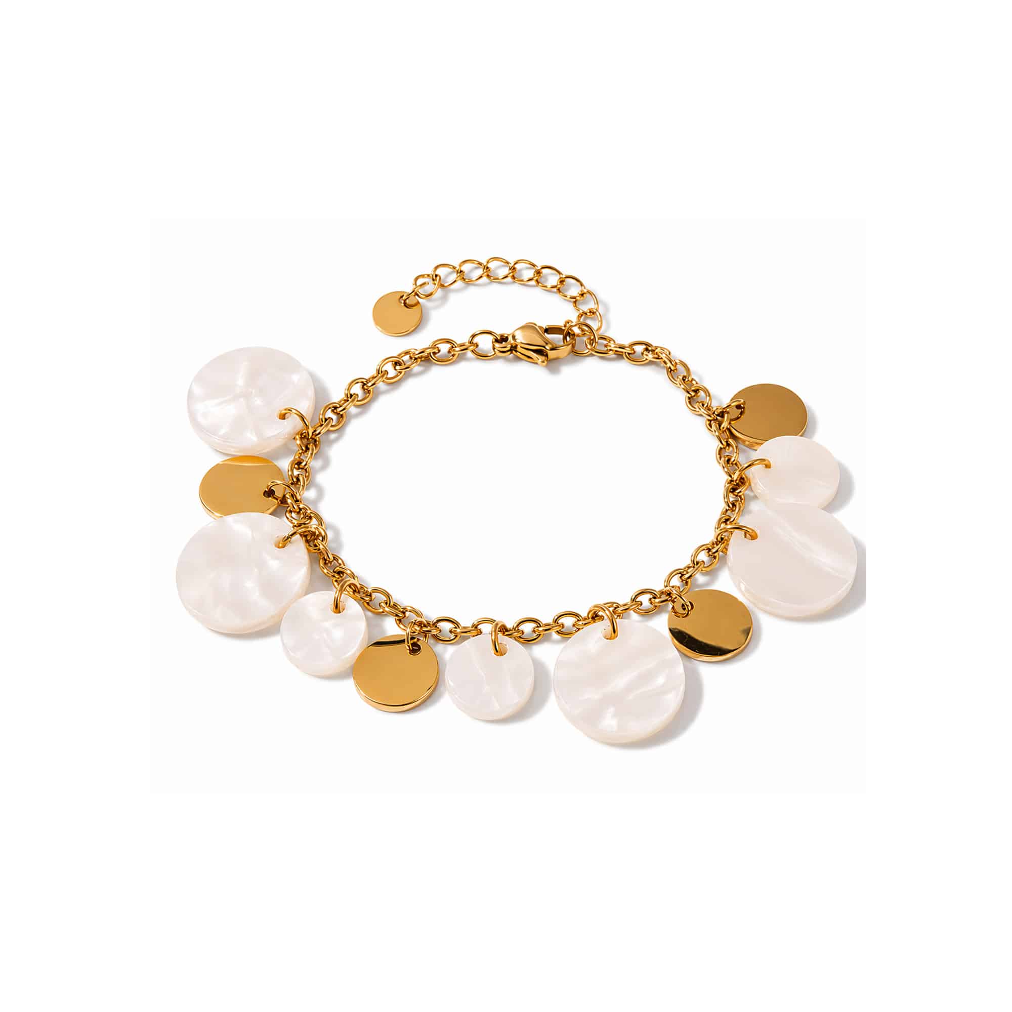 Bracelet à grosse maille waterproof en acier inoxyable doré avec pampilles rondes en pierre de nacre - Bijou La boutique de Cha