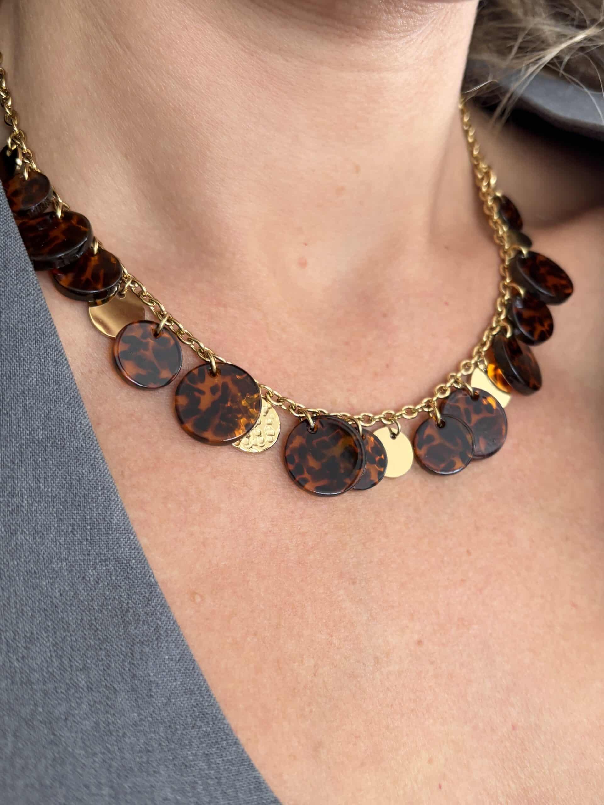 Collier à Mailles XXL et Pampilles en Acier Inoxydable et et papille imprimé léopard - Bijou en acier inoxydable La boutique de Cha
