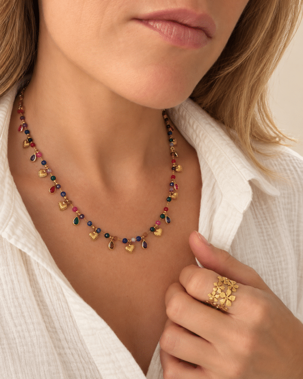 Collier à breloques en acier inoxydable en forme de coeurs, strass et pierres naturelles multicolores