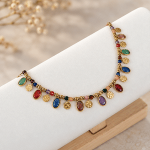 Collier à breloques en acier inoxydable, strass et pierres naturelles multicolores